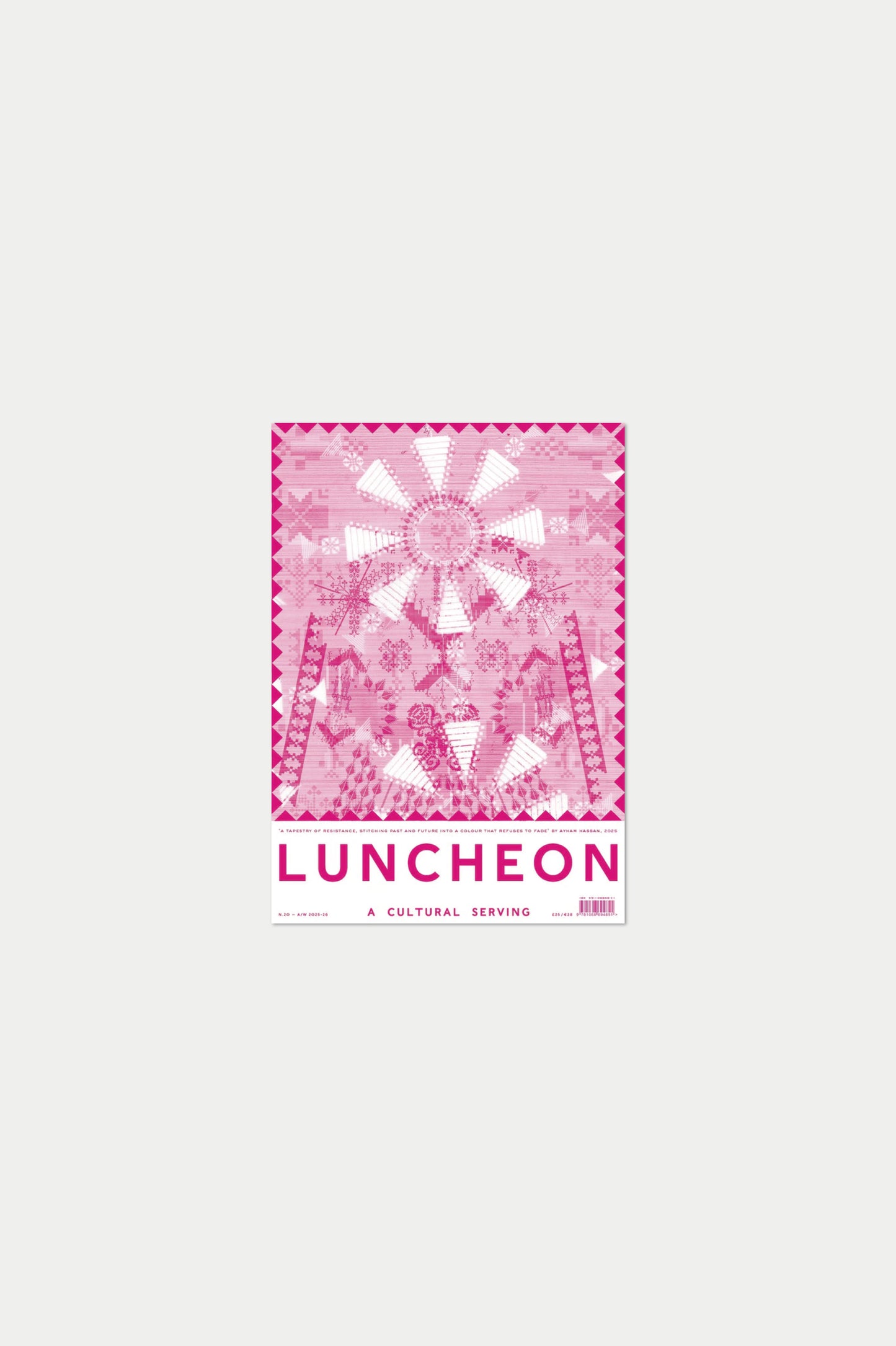 LUNCHEON no. 20 A tapestry of resistance; stitching past and future into a colour that refuses to fade' by Ayham Hassan; 2025