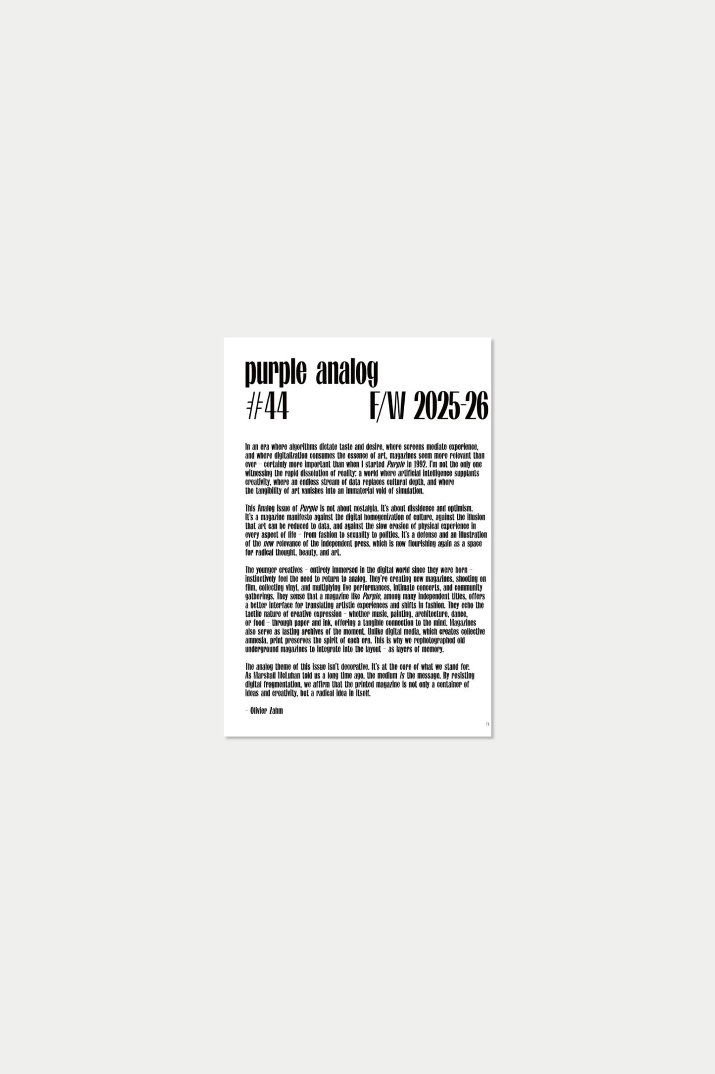 PURPLE #44 F/W 2025 The Analog Issue Carine Roitfeld by Olivier Zahm